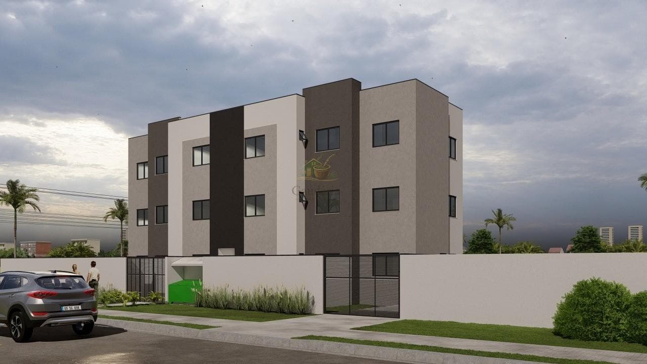 Fachada lateral do edifício residencial com pintura em tons de cinza, branco e preto