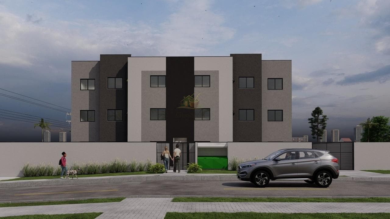 Fachada frontal do edifício residencial com portão de acesso e acabamento moderno
